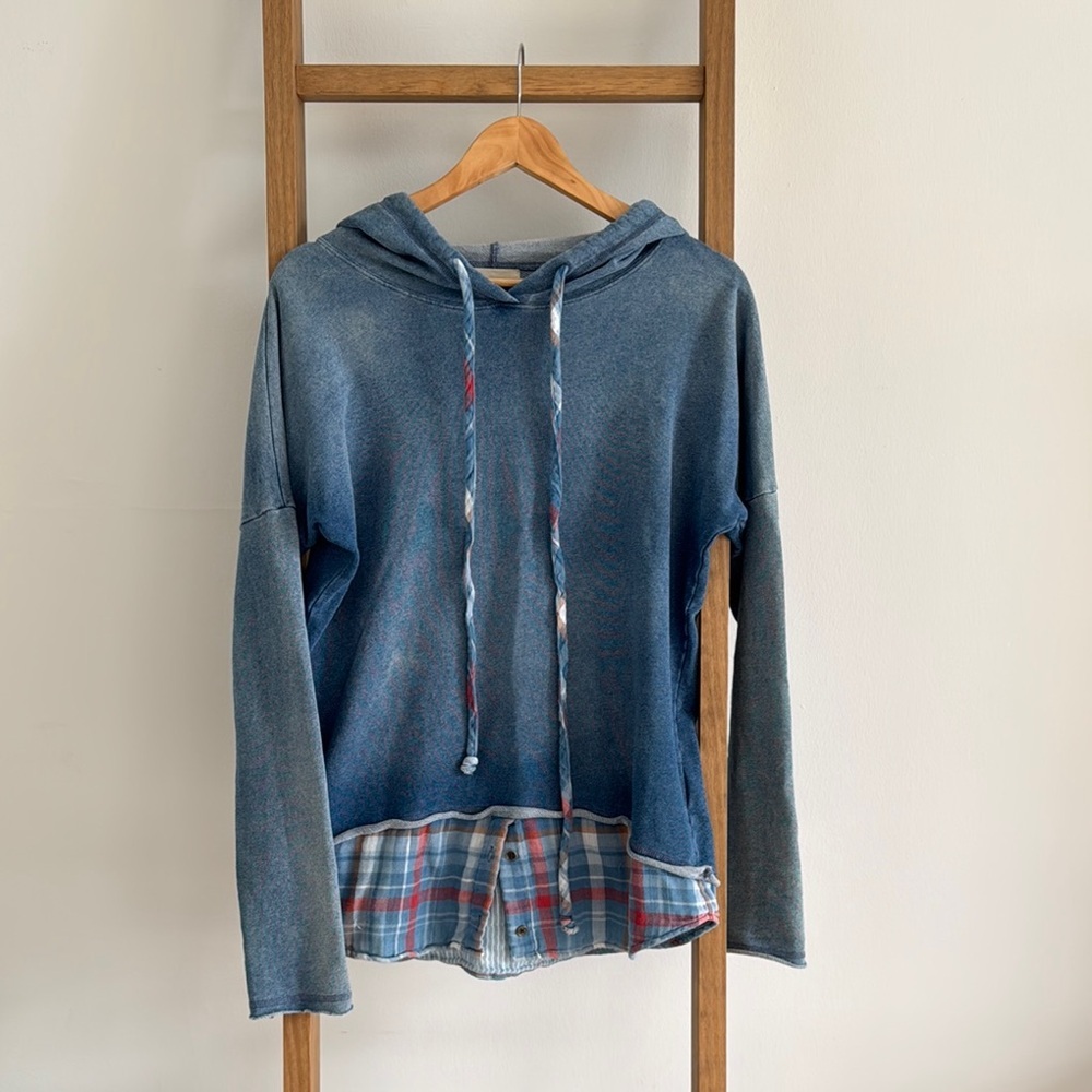ANTHROPOLOGIE l Cloth & Stone Blue Plaid Layered Hoodie 100% Cotton Small